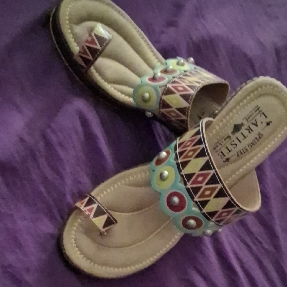 L'ATISTE Cream and Blue Sandals with Bohemian Flair
